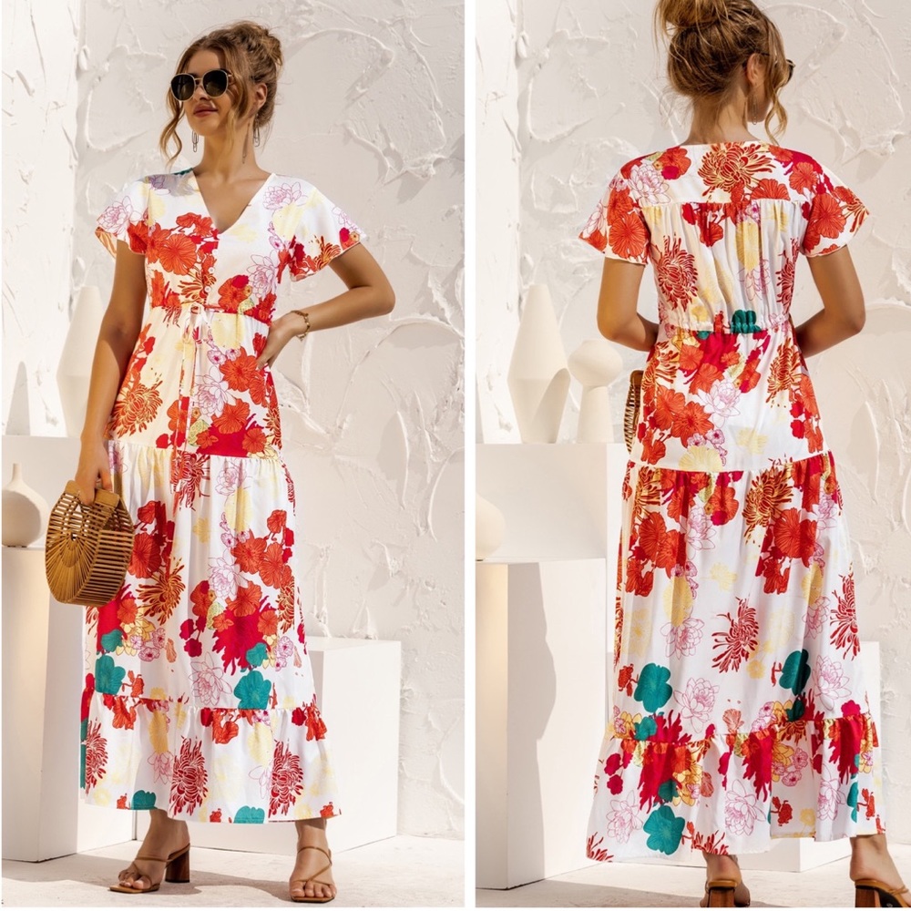 Red Green Floral Maxi Dress (Ankle Length) - Picture 2 of 3